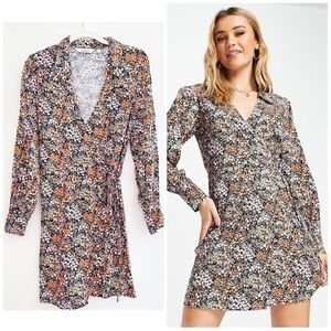 & Other Stories Floral Wrap Mini Dress - Black, White, Orange